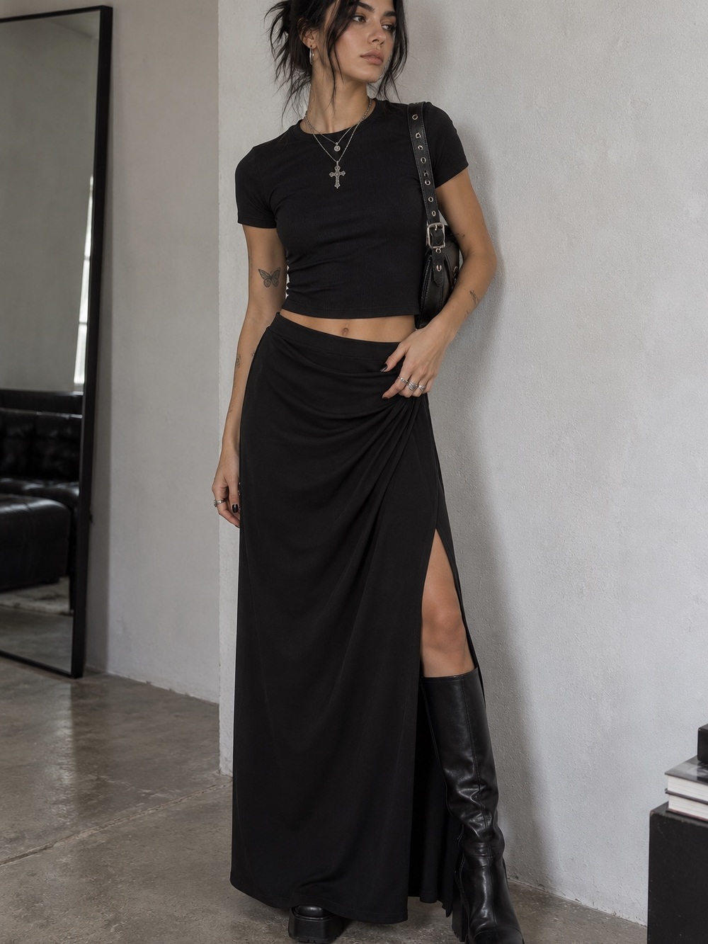 🌻MAKE OFFER🌻 NWT Alice + Olivia Black High Slit Y2K Grunge Black Maxi Skirt 4